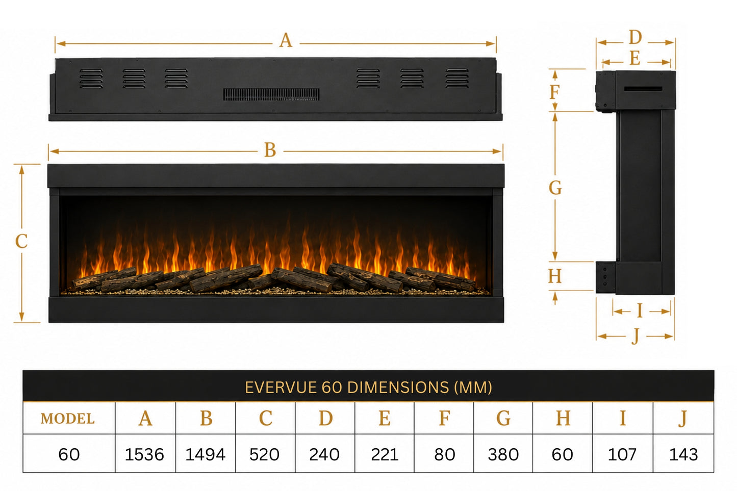 Evolution Fires Evervue 60 LCD Real Flame Media Wall Electric Fire