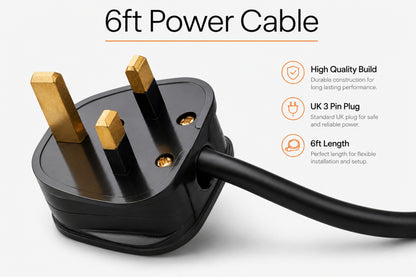 6ft power cable with UK 3 pin plug showing high quality build, durable construction and flexible installation length for Evolution Fires electric fireplaces.