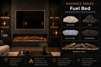 Advance Series Fuel Bed guide showing vermiculite, coal, clear crystals, smoked gems and Woodland log set for Evolution Fires electric fireplaces.