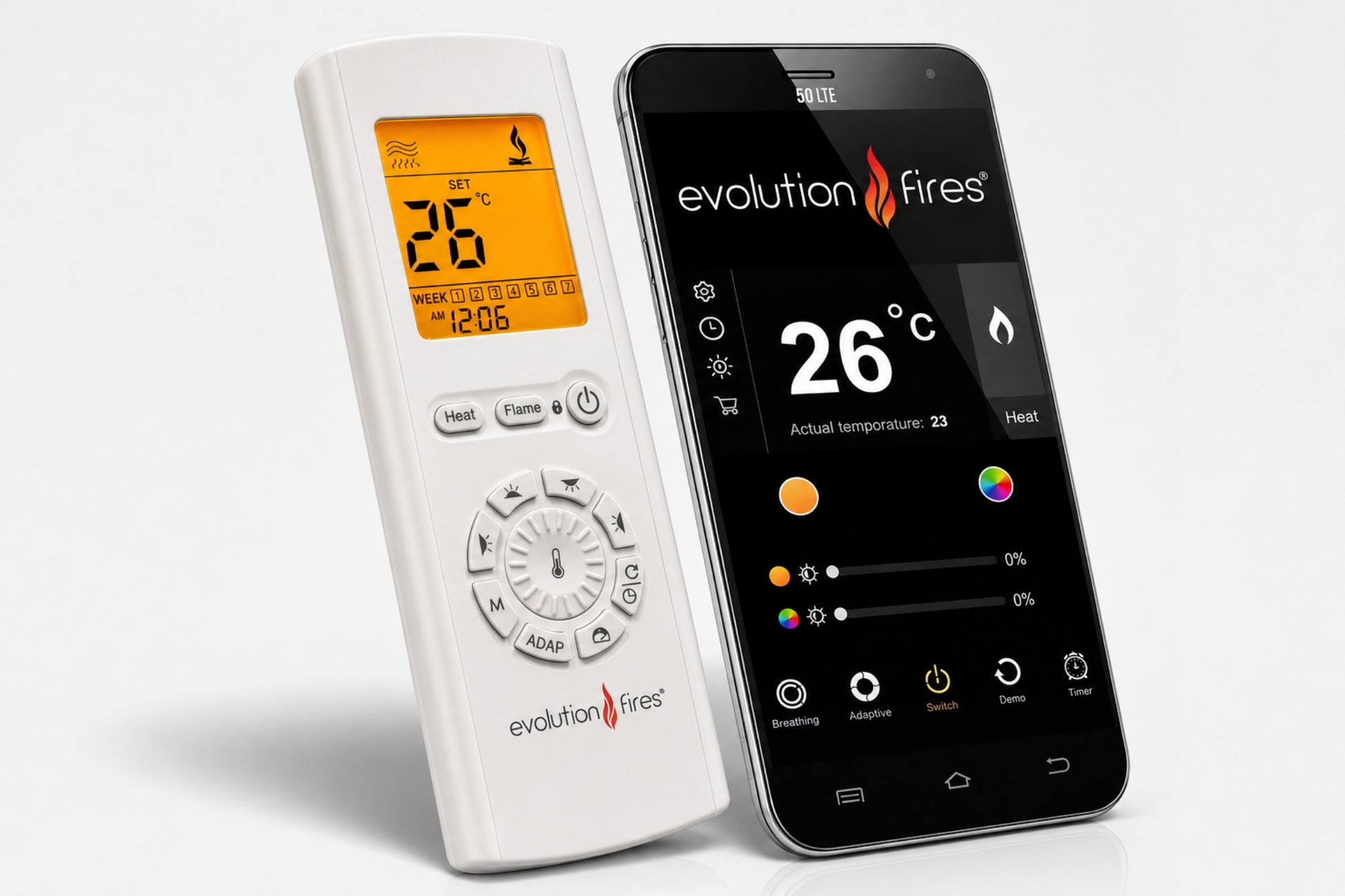 This Advance Series Features guide from Evolution Fires gives customers a clear overview of the premium controls and effects built into every Advance Series electric fireplace. The guide highlights the panoramic HD flame effect, remote control, 1kW to 2kW heat setting, 15 flame colours, 17 fuel bed colours, 17 canopy light colours, Alexa compatibility, flame brightness settings, temperature control, 7 day timer, Woodland log set, small crystals, vermiculite and app control. A useful product image for custom