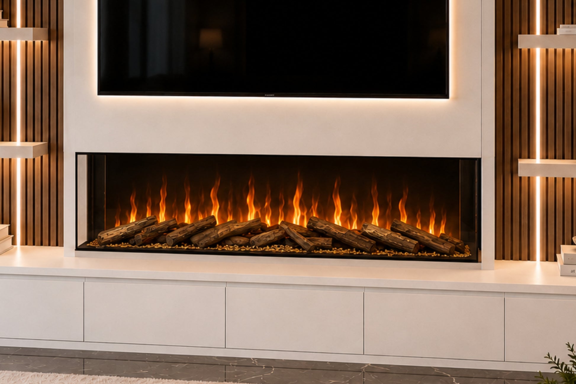 Evervue 60 built-in electric fireplace shown in a modern slatted media wall with realistic logs, warm flame effect, TV recess and fast 2 to 4 day delivery from Evolution Fires.
