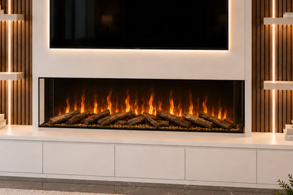 Evervue 60 built-in electric fireplace shown in a modern slatted media wall with realistic logs, warm flame effect, TV recess and fast 2 to 4 day delivery from Evolution Fires.