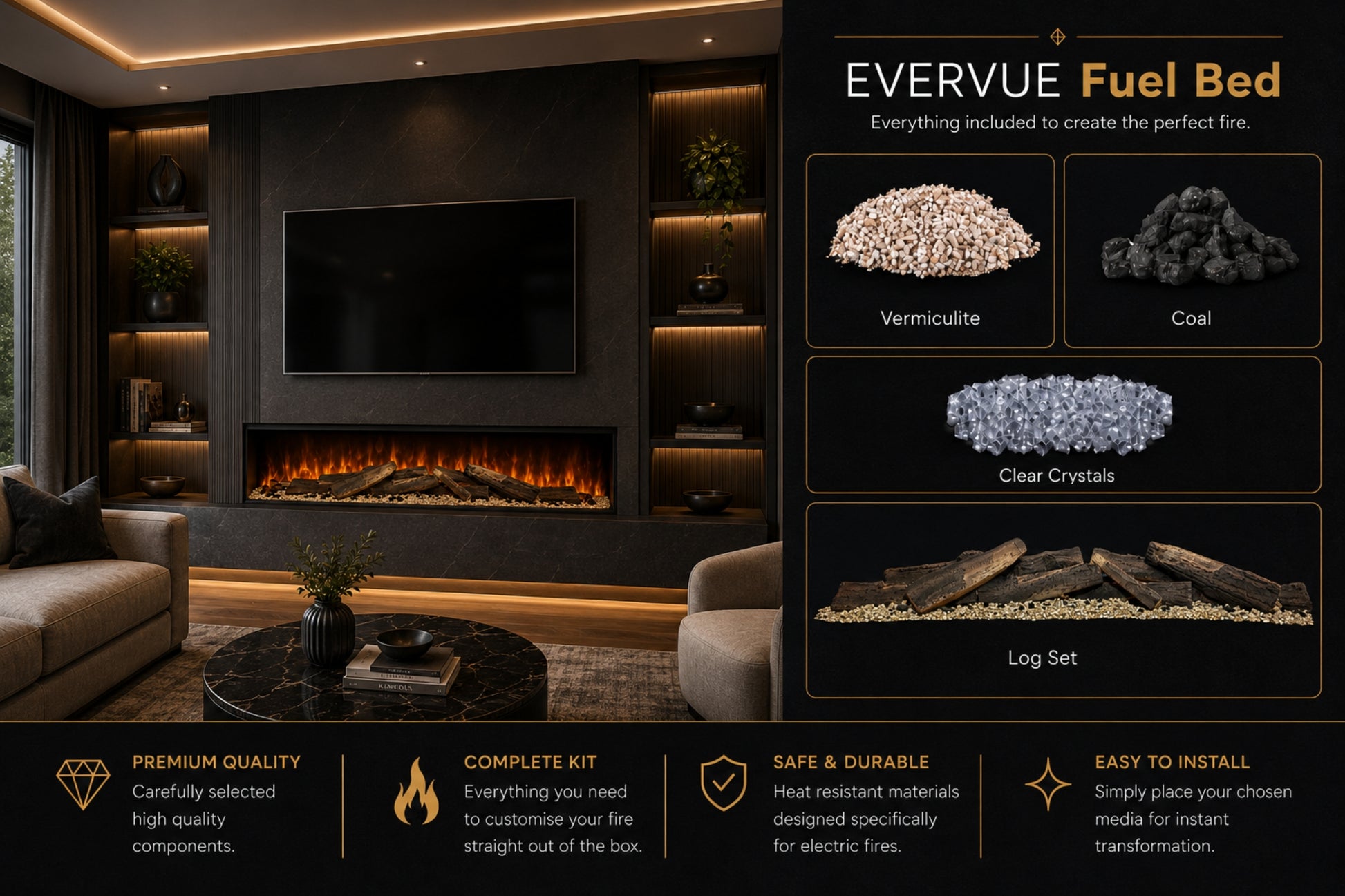 Evervue fuel bed guide showing the included vermiculite, coal, clear crystals and log set for the Evervue built-in electric fireplace from Evolution Fires.