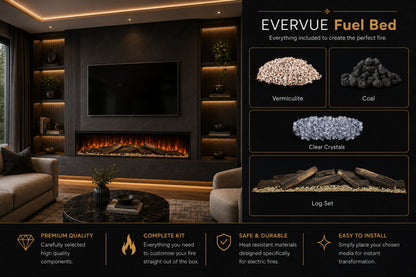 Evervue fuel bed guide showing the included vermiculite, coal, clear crystals and log set for the Evervue built-in electric fireplace from Evolution Fires.