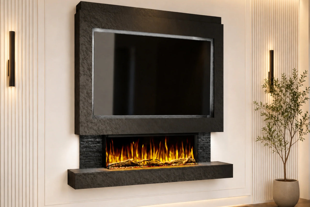 Pre-Built Media Wall Package 25 Including Integrated Electric Fireplace