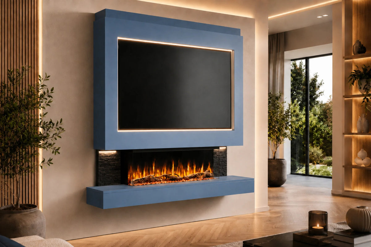 Pre-Built Media Wall Package 25 Including Integrated Electric Fireplace