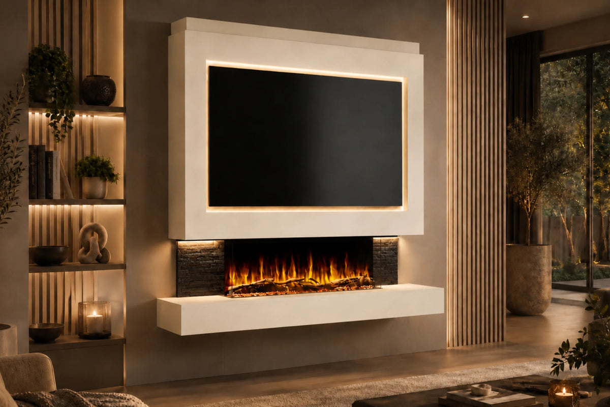 Pre-Built Media Wall Package 25 Including Integrated Electric Fireplace