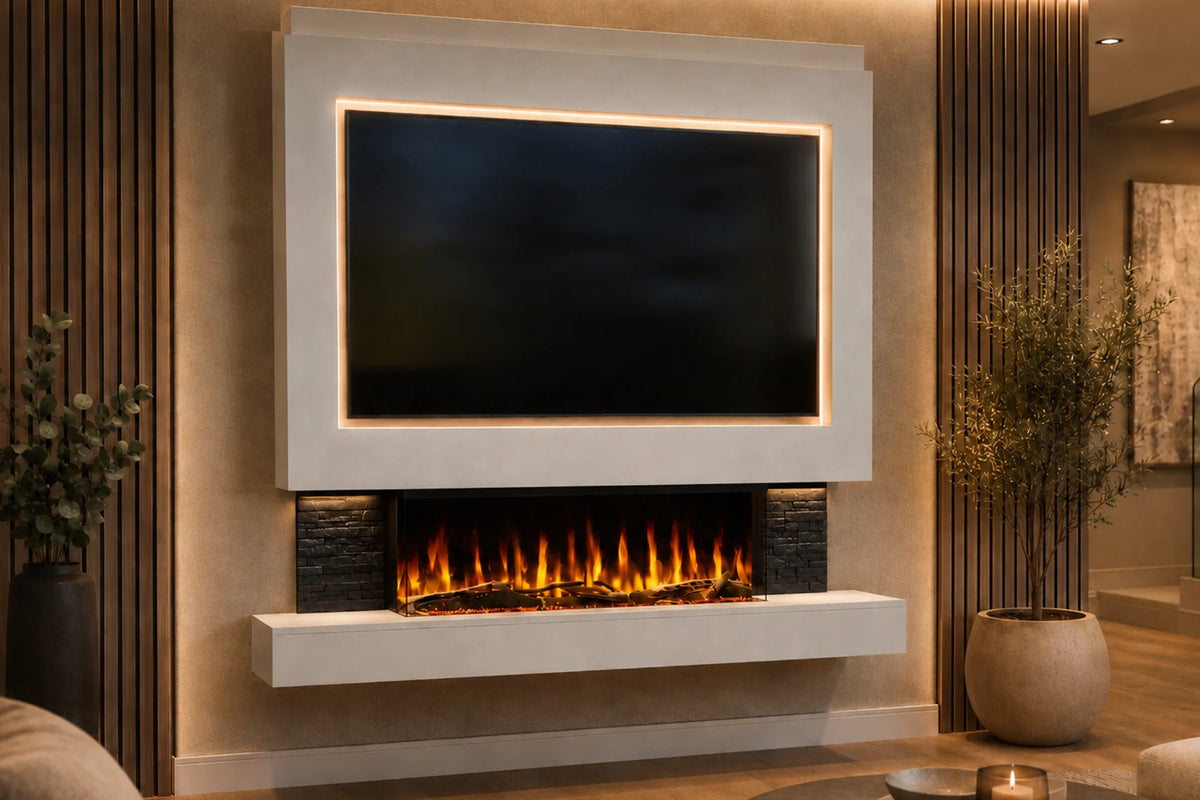 Pre-Built Media Wall Package 25 Including Integrated Electric Fireplace