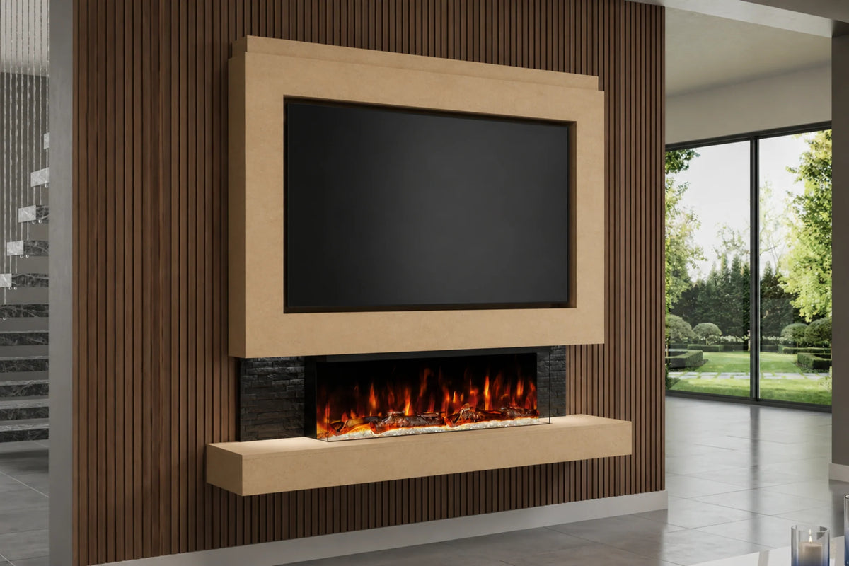 Pre-Built Media Wall Package 25 Including Integrated Electric Fireplace