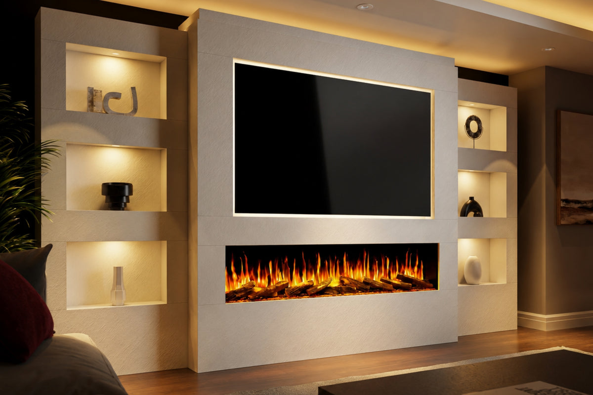 Pre-Built Media Wall Package 25 Including Integrated Electric Fireplace