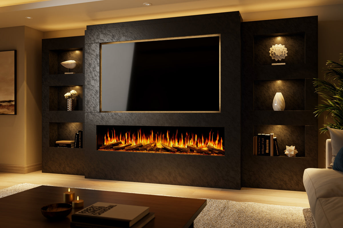 Pre-Built Media Wall Package 25 Including Integrated Electric Fireplace