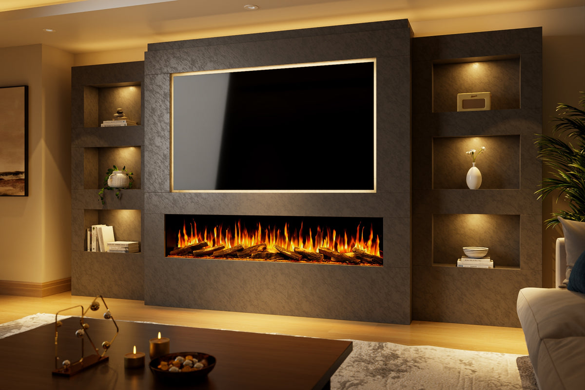 Pre-Built Media Wall Package 25 Including Integrated Electric Fireplace