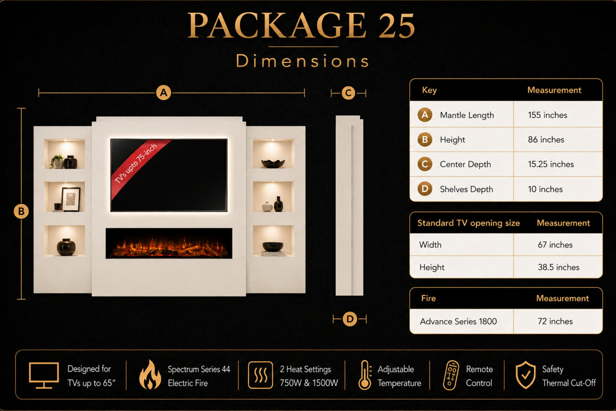 Pre-Built Media Wall Package 25 Including Integrated Electric Fireplace