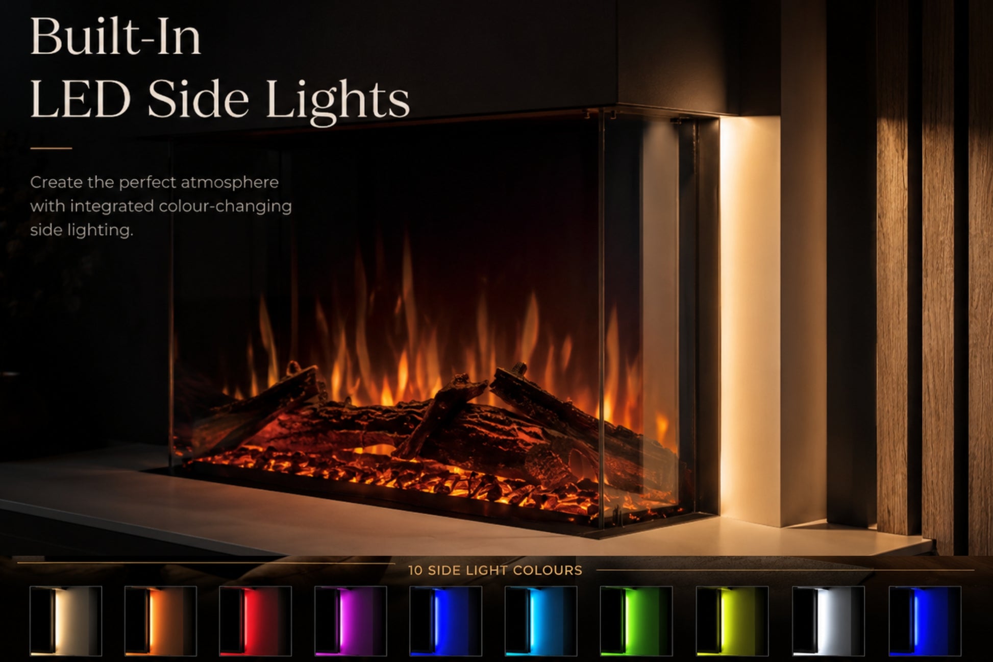 The Spectrum electric fireplace from Evolution Fires features a modern touch screen control panel designed for simple, convenient operation. This image shows the built-in touch controls, including heater, timer, flame, lighting and power settings, helping customers understand how easy the fire is to use. A strong feature for customers who want a premium electric fireplace with simple controls, realistic flame effects and practical day-to-day operation.