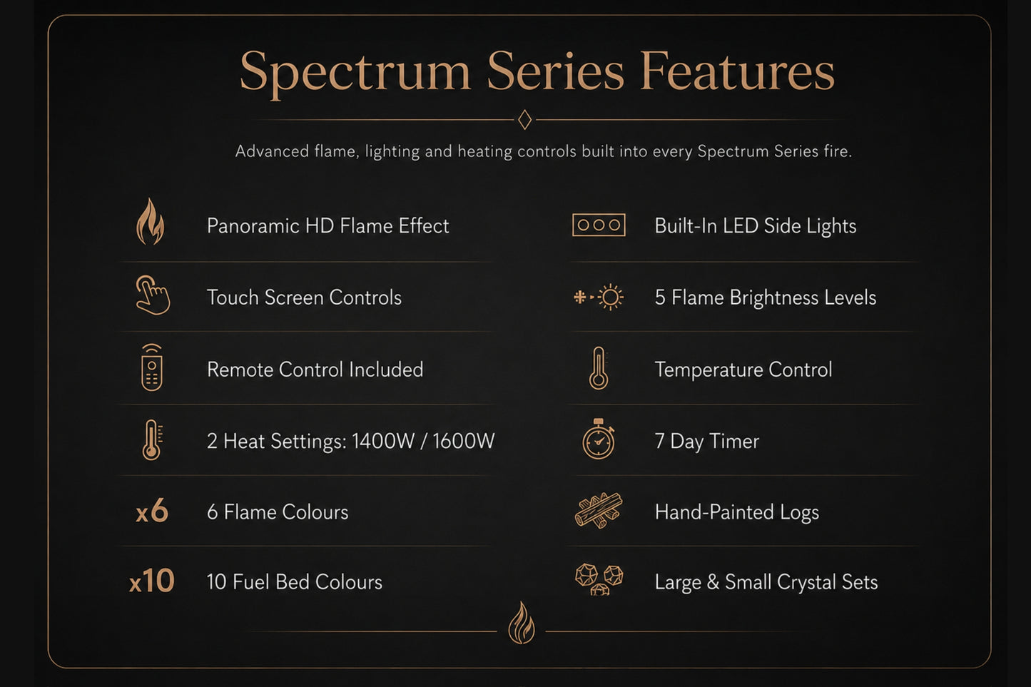 Spectrum Series electric fireplace features including flame effects, LED side lights, touch screen controls, remote control, heat settings and timer from Evolution Fires.