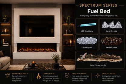 Spectrum Series electric fireplace fuel bed kit showing LED side lights, crystals, smoked gems and hand-painted log set from Evolution Fires.