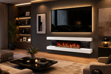 Package 25 Pre-Built Media Wall with Integrated Electric Fireplace, display shelving and delivery included.