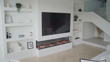 Package 25 Pre-Built Media Wall with Integrated Electric Fireplace, display shelving and delivery included.