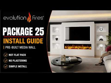 Package 25 Pre-Built Media Wall with Integrated Electric Fireplace, display shelving and delivery included.